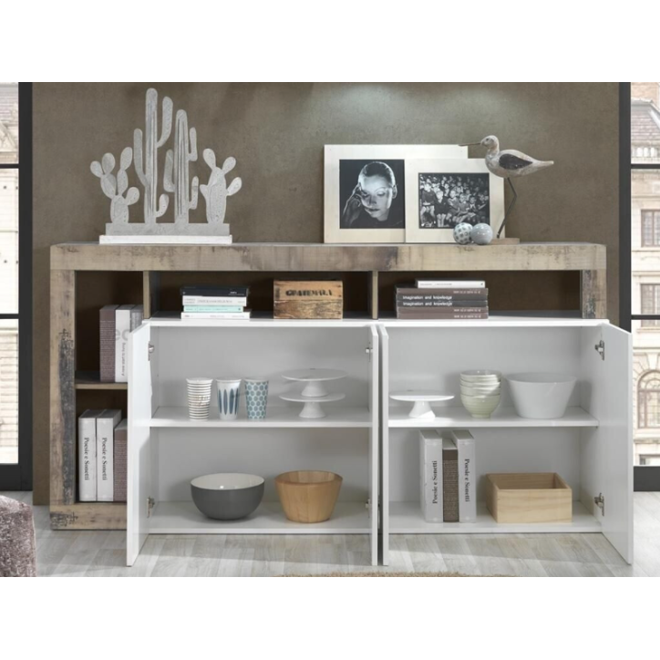 Buffet HAMBURG 4 portes – Blanc laqué brillant / Chêne Cadiz